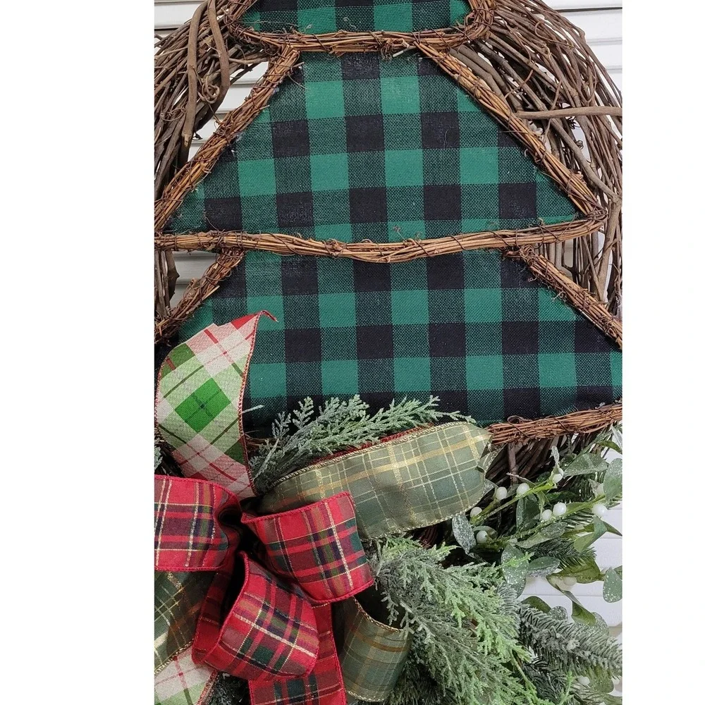 Rustic Wreath Natural Grapevine Green Buffalo Plaid Christmas one of a kind